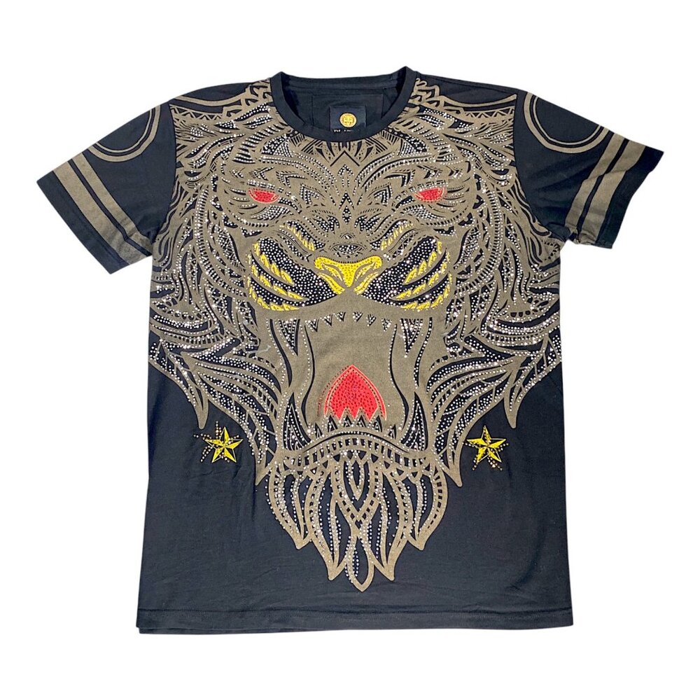 PLATINI Shirt Mens XL Black Animal Print Graphic Leo Rhinestone Rapper Hip Hop